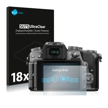 Front side of a product packaging with the brand logo Savvies. Next to it is the device Panasonic Lumix DMC-G70 shown with the
