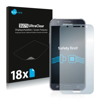Front side of a product packaging with the brand logo Savvies. Next to it is the device Samsung Galaxy J5 2015 shown with the 