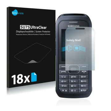 Front side of a product packaging with the brand logo Savvies. Next to it is the device Samsung Xcover 550 shown with the corr
