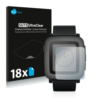 Front side of a product packaging with the brand logo Savvies. Next to it is the device Pebble Time shown with the correspondi