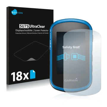 Front side of a product packaging with the brand logo Savvies. Next to it is the device Garmin eTrex Touch 25 shown with the c