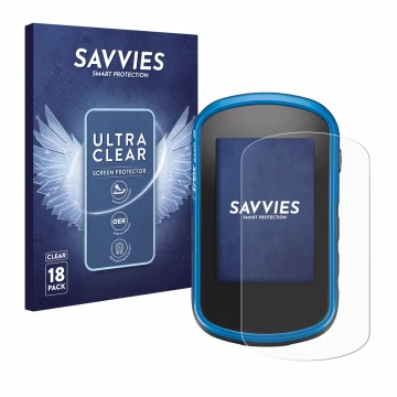 Front side of a product packaging with the brand logo Savvies. Next to it is the device Garmin eTrex Touch 35 shown with the c
