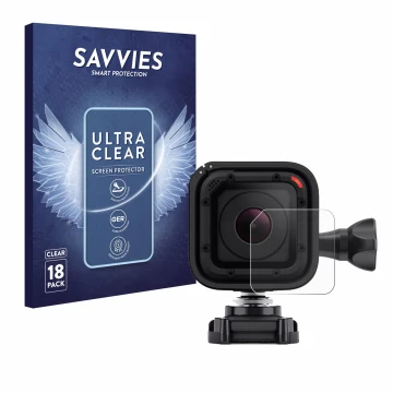 Front side of a product packaging with the brand logo Savvies. Next to it is the device GoPro Hero 4 Session Lens (housing) sh