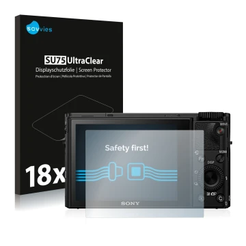 Front side of a product packaging with the brand logo Savvies. Next to it is the device Sony Cyber-Shot DSC-RX100 IV shown wit