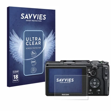 Front side of a product packaging with the brand logo Savvies. Next to it is the device Ricoh GR II 2015 shown with the corres