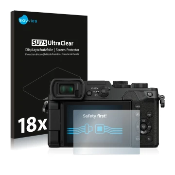 Front side of a product packaging with the brand logo Savvies. Next to it is the device Panasonic Lumix DMC-GX8 shown with the