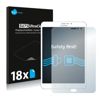 Front side of a product packaging with the brand logo Savvies. Next to it is the device Samsung Galaxy Tab Tab S2 8.0 LTE show