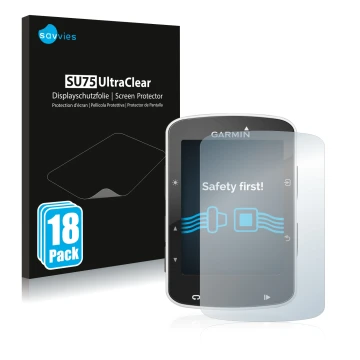 Front side of a product packaging with the brand logo Savvies. Next to it is the device Garmin Edge 520 shown with the corresp