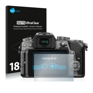 Front side of a product packaging with the brand logo Savvies. Next to it is the device Panasonic Lumix DMC-G7 shown with the 
