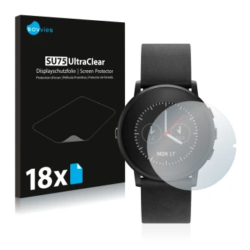 Front side of a product packaging with the brand logo Savvies. Next to it is the device Pebble Time Round shown with the corre