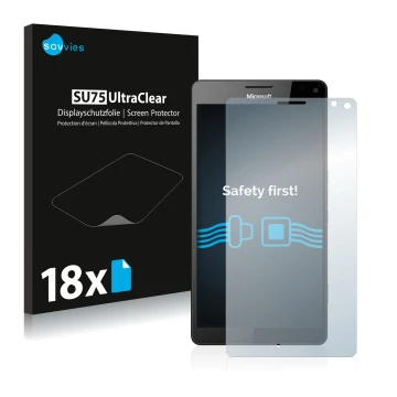 Front side of a product packaging with the brand logo Savvies. Next to it is the device Microsoft Lumia 950 XL shown with the 