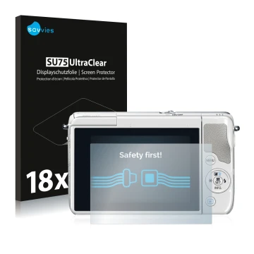 Front side of a product packaging with the brand logo Savvies. Next to it is the device Canon EOS M10 shown with the correspon