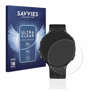Front side of a product packaging with the brand logo Savvies. Next to it is the device Garmin Forerunner 235 shown with the c
