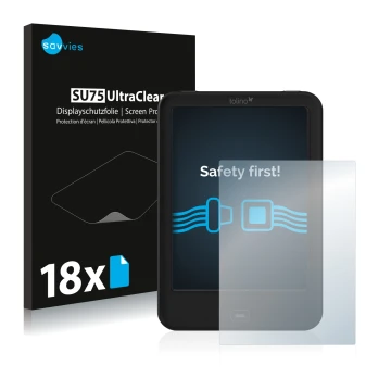 Front side of a product packaging with the brand logo Savvies. Next to it is the device Tolino Shine 2 HD shown with the corre