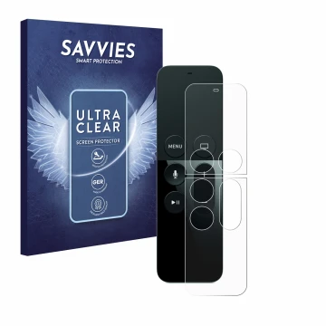 Front side of a product packaging with the brand logo Savvies. Next to it is the device Apple Remote Control Apple TV 4 shown 