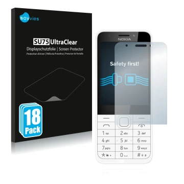 Front side of a product packaging with the brand logo Savvies. Next to it is the device Nokia 230 shown with the corresponding