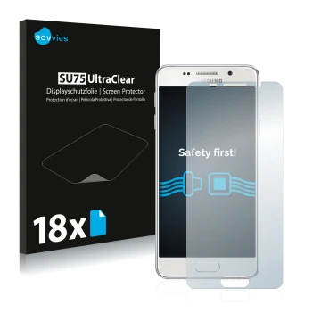 Front side of a product packaging with the brand logo Savvies. Next to it is the device Samsung Galaxy A3 2016 shown with the 
