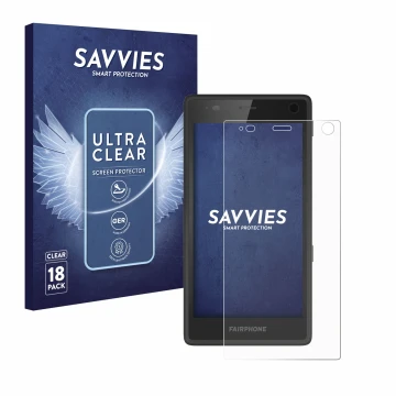 Front side of a product packaging with the brand logo Savvies. Next to it is the device Fairphone 2 shown with the correspondi