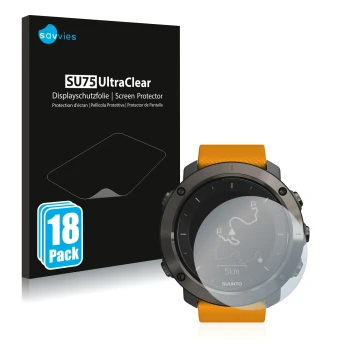 Front side of a product packaging with the brand logo Savvies. Next to it is the device Suunto Traverse shown with the corresp