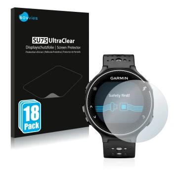 Front side of a product packaging with the brand logo Savvies. Next to it is the device Garmin Forerunner 230 shown with the c