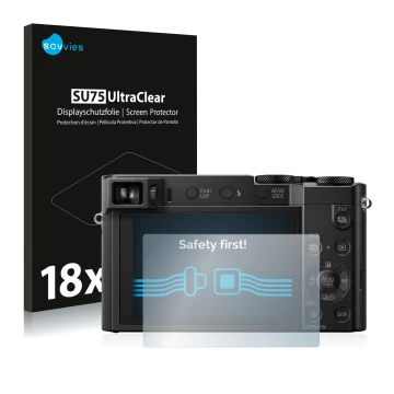 Front side of a product packaging with the brand logo Savvies. Next to it is the device Panasonic Lumix DMC-TZ101 shown with t