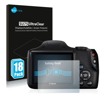 Front side of a product packaging with the brand logo Savvies. Next to it is the device Canon PowerShot SX540 HS shown with th