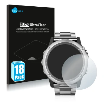 Front side of a product packaging with the brand logo Savvies. Next to it is the device Garmin Fenix 3 Saphir shown with the c