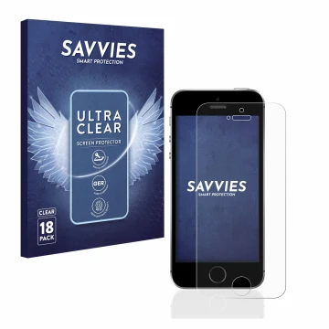 Front side of a product packaging with the brand logo Savvies. Next to it is the device Apple iPhone SE 2016 shown with the co