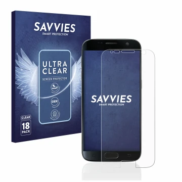 Front side of a product packaging with the brand logo Savvies. Next to it is the device Samsung Galaxy S7 shown with the corre