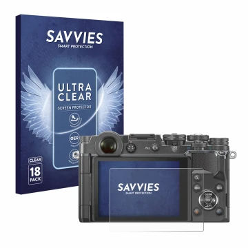 Front side of a product packaging with the brand logo Savvies. Next to it is the device Olympus PEN-F shown with the correspon