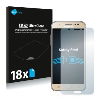 Front side of a product packaging with the brand logo Savvies. Next to it is the device Samsung Galaxy J7 2016 shown with the 