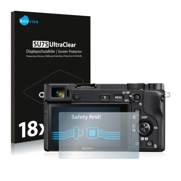 Front side of a product packaging with the brand logo Savvies. Next to it is the device Sony Alpha 6300 shown with the corresp