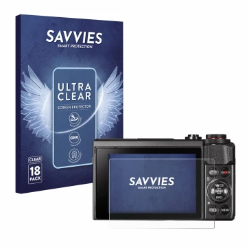 Front side of a product packaging with the brand logo Savvies. Next to it is the device Canon PowerShot G7 X Mark II shown wit