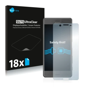 Front side of a product packaging with the brand logo Savvies. Next to it is the device Sony Xperia X Performance shown with t