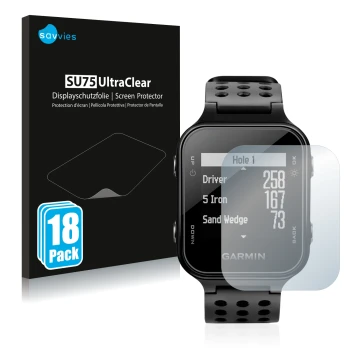 Front side of a product packaging with the brand logo Savvies. Next to it is the device Garmin Approach S20 shown with the cor