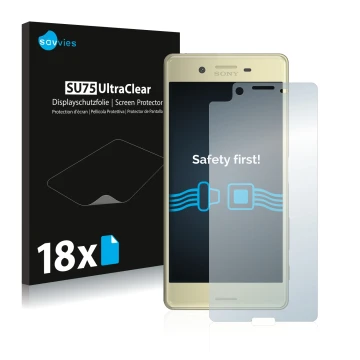 Front side of a product packaging with the brand logo Savvies. Next to it is the device Sony Xperia X shown with the correspon