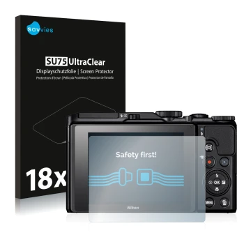 Front side of a product packaging with the brand logo Savvies. Next to it is the device Nikon Coolpix A900 shown with the corr