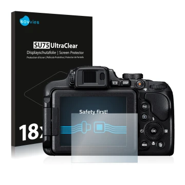 Front side of a product packaging with the brand logo Savvies. Next to it is the device Nikon Coolpix B700 shown with the corr