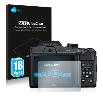 Front side of a product packaging with the brand logo Savvies. Next to it is the device Nikon Coolpix B500 shown with the corr