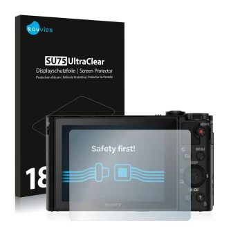 Front side of a product packaging with the brand logo Savvies. Next to it is the device Sony Cyber-Shot DSC-HX80 shown with th