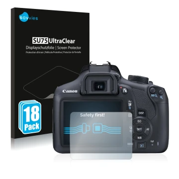 Front side of a product packaging with the brand logo Savvies. Next to it is the device Canon EOS 1300D shown with the corresp