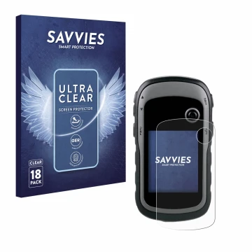 Front side of a product packaging with the brand logo Savvies. Next to it is the device Garmin eTrex 30x shown with the corres