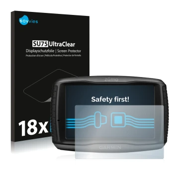 Front side of a product packaging with the brand logo Savvies. Next to it is the device Garmin zumo 595LM shown with the corre