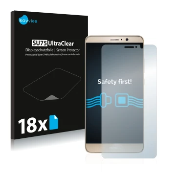 Front side of a product packaging with the brand logo Savvies. Next to it is the device Huawei Mate 9 shown with the correspon