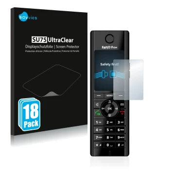 Front side of a product packaging with the brand logo Savvies. Next to it is the device AVM Fritz!Fon C5 shown with the corres