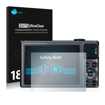 Front side of a product packaging with the brand logo Savvies. Next to it is the device Canon PowerShot SX620 HS shown with th