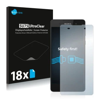 Front side of a product packaging with the brand logo Savvies. Next to it is the device Sony Xperia E5 shown with the correspo