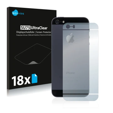 Front side of a product packaging with the brand logo Savvies. Next to it is the device Apple iPhone SE 2016 Back (entire surf