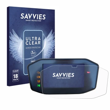 Front side of a product packaging with the brand logo Savvies. Next to it is the device KTM 690 Duke 2016 shown with the corre
