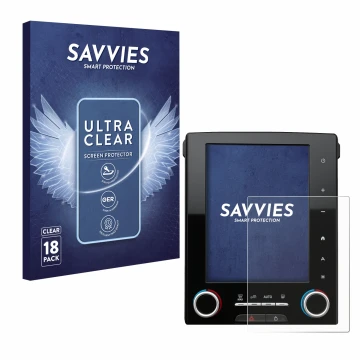 Front side of a product packaging with the brand logo Savvies. Next to it is the device Renault Megane GT R-Link 2 8.7